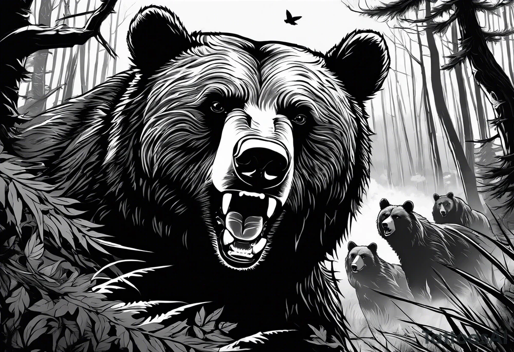 Bear growling face first in a cloudy forest. With fierce warriors in the background. Make the picture very detailed and smoke in the back creating a trail effect tattoo idea