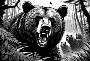 Bear growling face first in a cloudy forest. With fierce warriors in the background. Make the picture very detailed and smoke in the back creating a trail effect tattoo idea