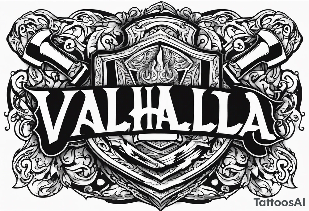 valhalla on fire battle 
sword shield axe tattoo idea