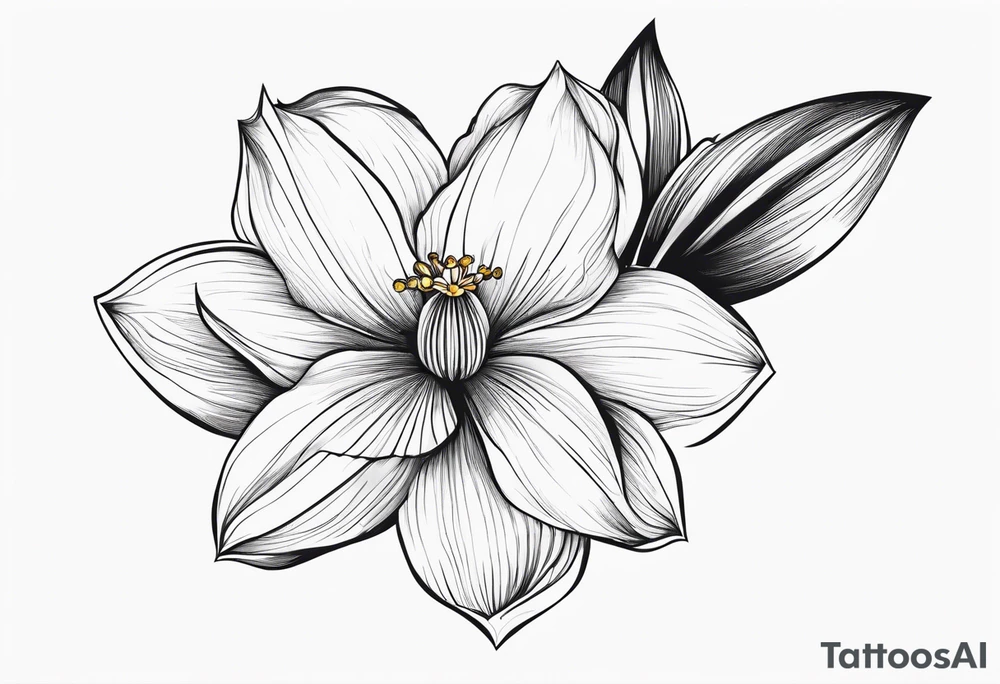 Black line work, delicate, narcissus flower with stem, cursive uppercase I, finger tattoo tattoo idea