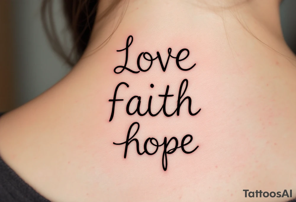 "Love, Faith, Hope" in stacked formation with thin black bars separating each word and soft gradient fills inside. tattoo idea