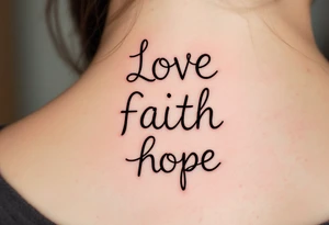"Love, Faith, Hope" in stacked formation with thin black bars separating each word and soft gradient fills inside. tattoo idea