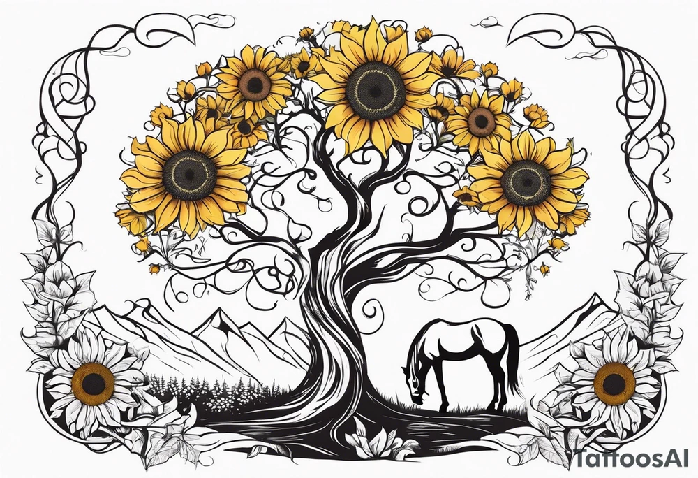 Yggdrasil tree, horse in front of it, and sunflowers tattoo idea