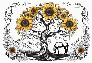 Yggdrasil tree, horse in front of it, and sunflowers tattoo idea