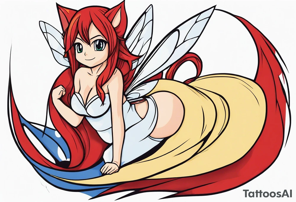 A fairy with a tail inspired by the logo of the show called Fairy Tail in a fetal position tattoo idea