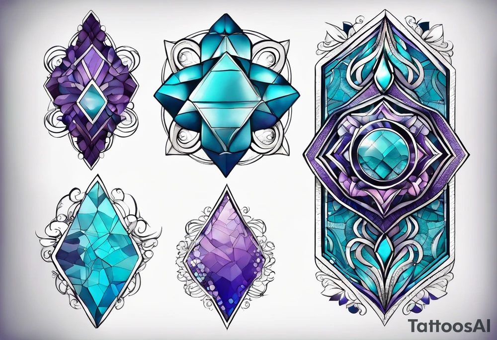 Ampulheta astrológica com detalhes geométricos e uma areia colorida em tons degradê de azul, turquesa e violeta tattoo idea