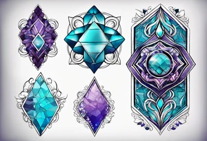 Ampulheta astrológica com detalhes geométricos e uma areia colorida em tons degradê de azul, turquesa e violeta tattoo idea