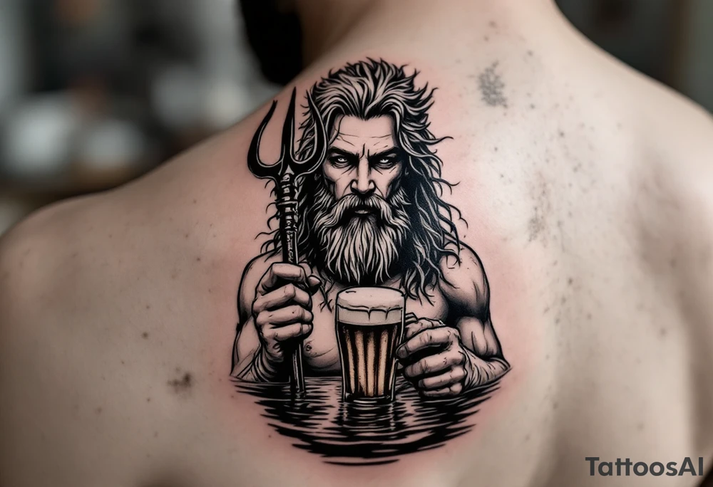 neptune with trident half way in calm water with a beer tattoo idea