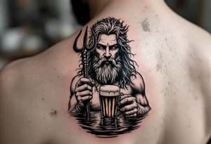 neptune with trident half way in calm water with a beer tattoo idea