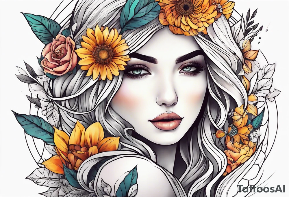 Flowers sun girl sleeve tattoo idea