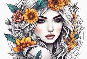 Flowers sun girl sleeve tattoo idea