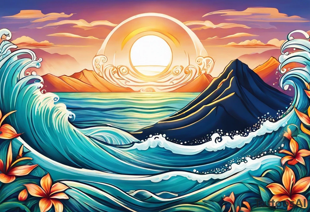 The letters "Pura Vida" forming the gentle curves of ocean waves, with the "i" in "Vida" extending into a mountain peak. The sun could be subtly incorporated above the letters. It creates a harmonious blend of nature and the phrase. What do you envision? tattoo idea
