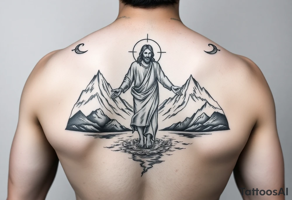 Jesus walking on water from behind with mountains around and two angels looking over him. tattoo idea