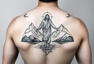 Jesus walking on water from behind with mountains around and two angels looking over him. tattoo idea