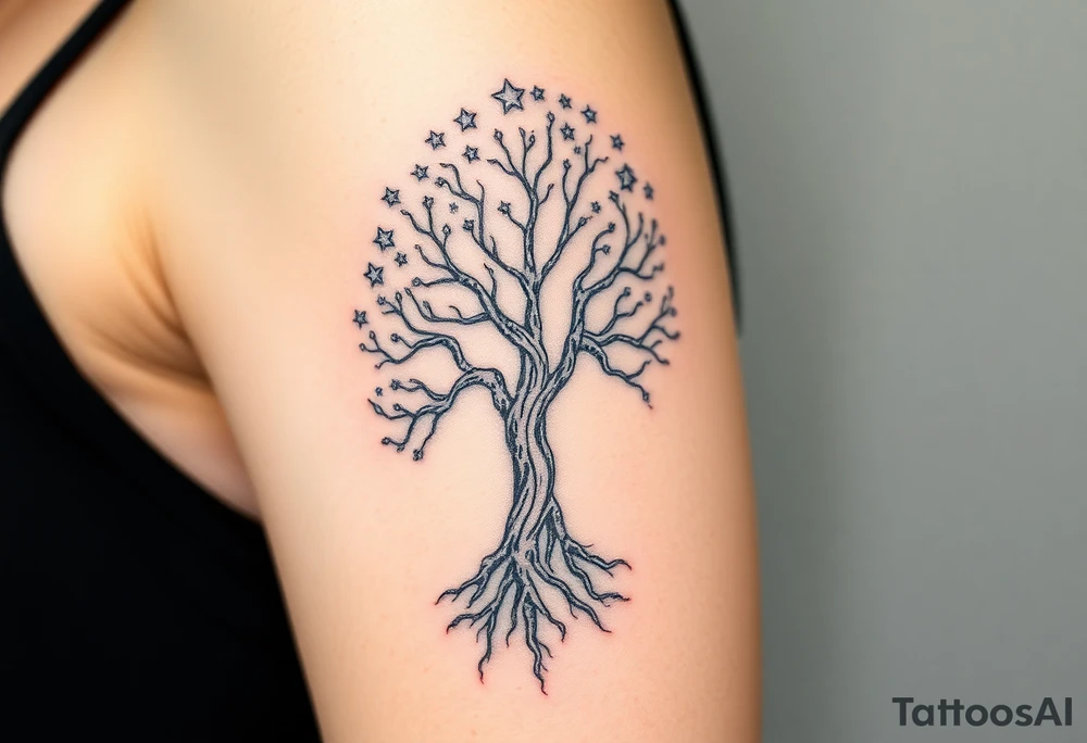 mystical tree of life with cosmic roots and celestial branches, stars tattoo idea