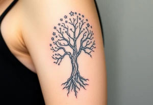mystical tree of life with cosmic roots and celestial branches, stars tattoo idea