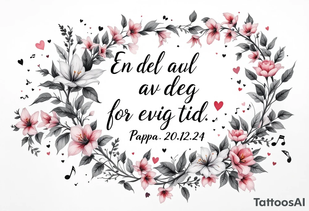 make a qoute saying "En del av deg for evig tid. 
Pappa 20.12.24"
Surrounded by delicate long blossom gladious, music notes, hearts and an anchor on the lower right side tattoo idea