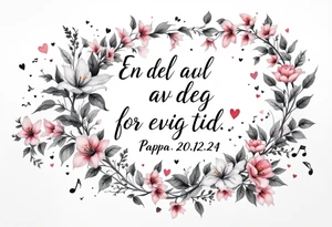 make a qoute saying "En del av deg for evig tid. 
Pappa 20.12.24"
Surrounded by delicate long blossom gladious, music notes, hearts and an anchor on the lower right side tattoo idea