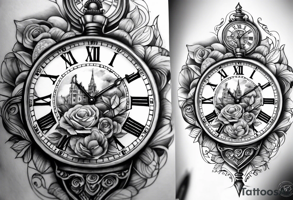 Dessine-moi un tattoo représentant une horloge intégrée à un sablier . En second plan on retrouve des chiffres romains. Le tatouage et noir et blanc et se porte sur l'épaule gauche tattoo idea