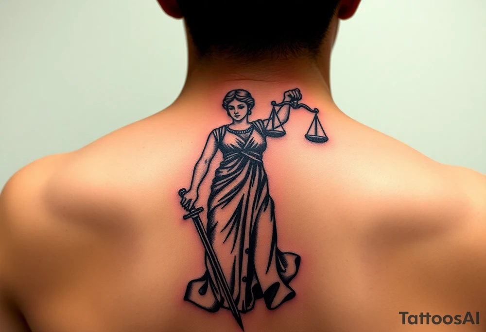Neotraditional Lady Justice tattoo, forearm placement, vivid colors, sword facing down, regal tattoo idea