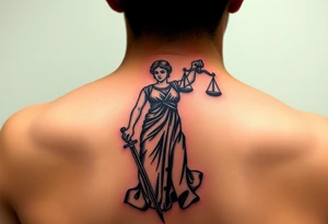 Neotraditional Lady Justice tattoo, forearm placement, vivid colors, sword facing down, regal tattoo idea