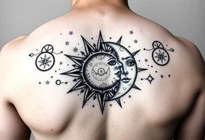 celestial sun and moon embrace with constellation patterns tattoo idea