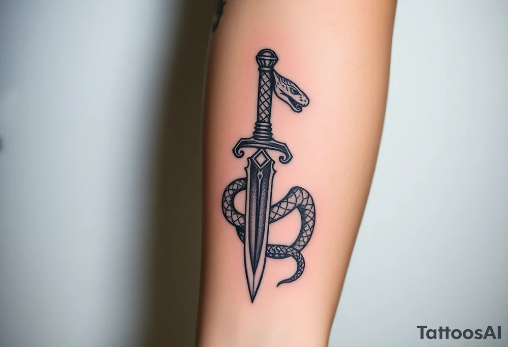 mystical snake coiled around an ancient dagger with jeweled hilt tattoo idea