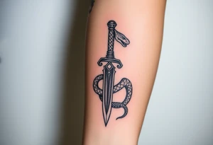 mystical snake coiled around an ancient dagger with jeweled hilt tattoo idea