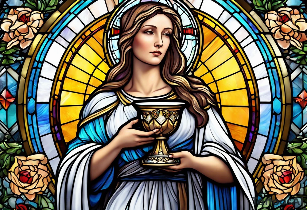 holy saint woman with halo stained glass holding a chalice tattoo idea