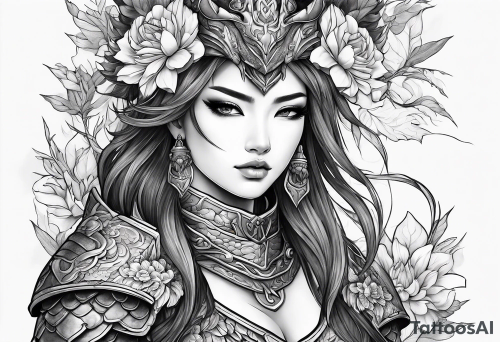 beautiful warrior woman wearing dragon armor and a floral background tattoo idea