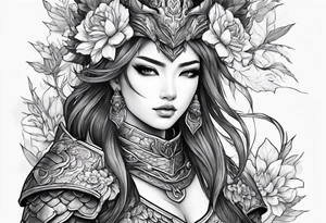 beautiful warrior woman wearing dragon armor and a floral background tattoo idea