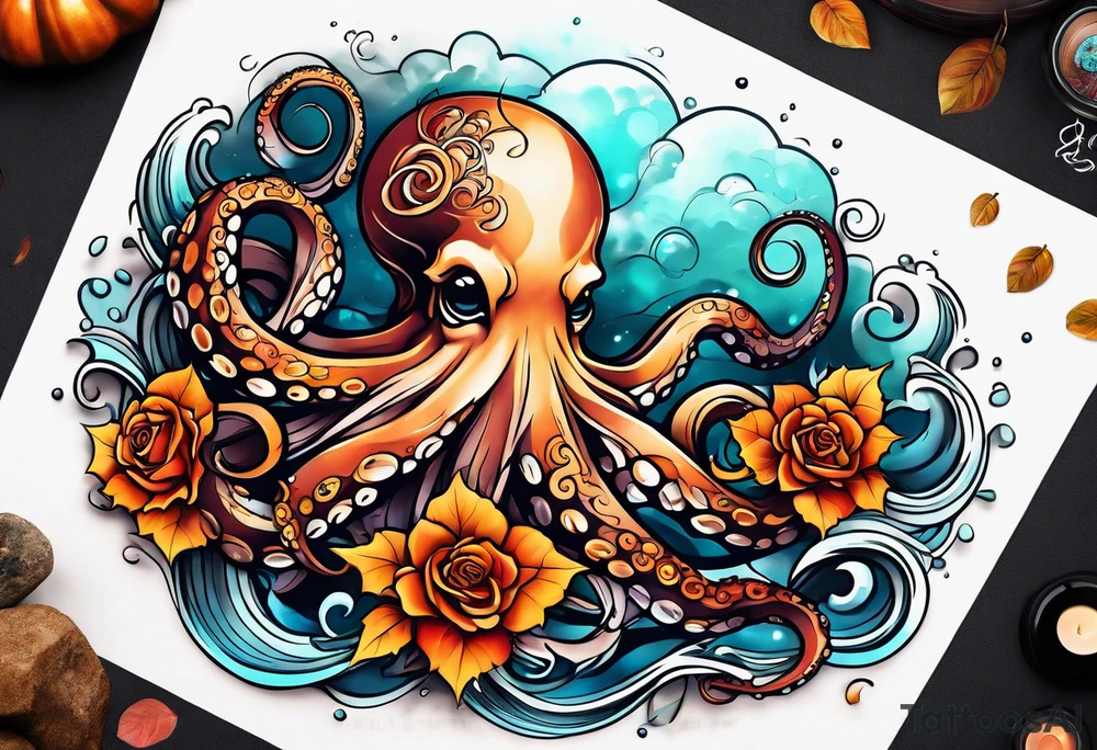 abstract left thigh tattoo with a large octopus in water swirls wrapping around rocks, a rose, in fall colors with some small leaves and fall elements tattoo idea