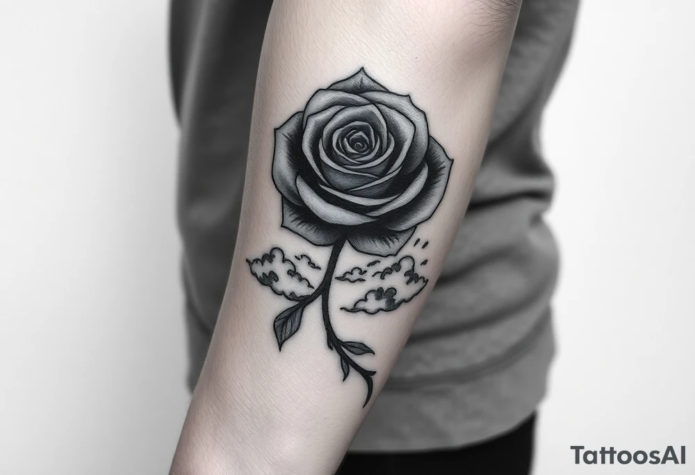A tattoo on the forearm with a rose that goes around the forearm with space to put clouds red ink with a palm tattoo idea