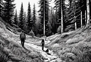 A shadow of a Man and Woman and young son and young daughter  walking through the Pacific Northwest Forrest. Catholic tattoo idea