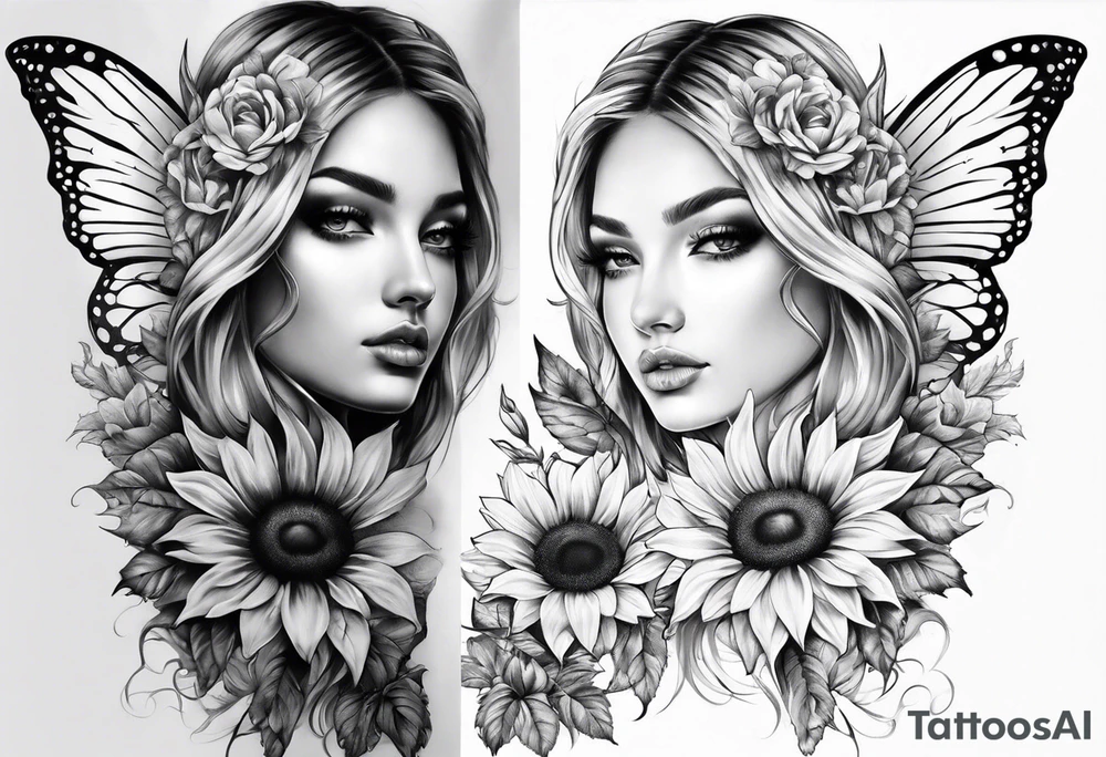 Sleeve with angel wings, sunflower and butterfly tattoo idea