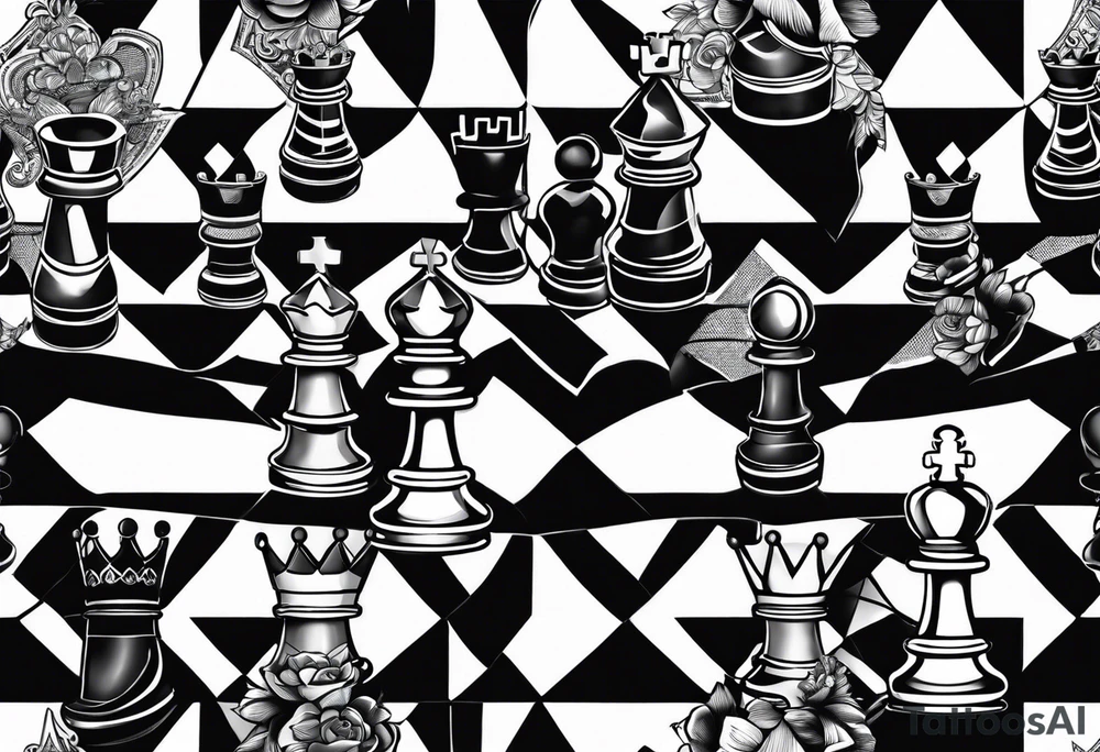 narrow rectangle strip made of chess queens and pawns holding hands tattoo idea