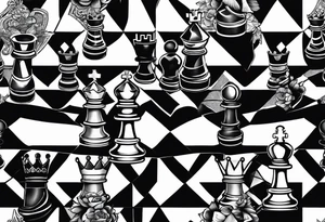 narrow rectangle strip made of chess queens and pawns holding hands tattoo idea