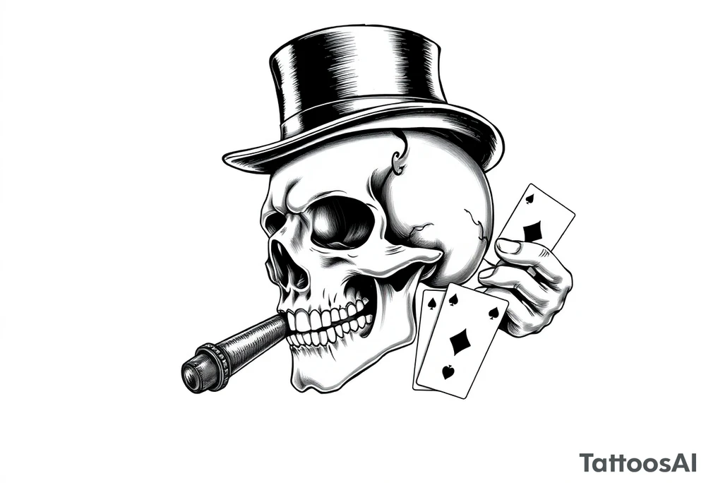 a skull with mustache, a big cigar in his mouth,top-hat on his head and playing cards in a hand. tattoo idea
