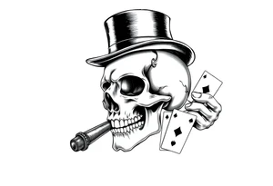 a skull with mustache, a big cigar in his mouth,top-hat on his head and playing cards in a hand. tattoo idea