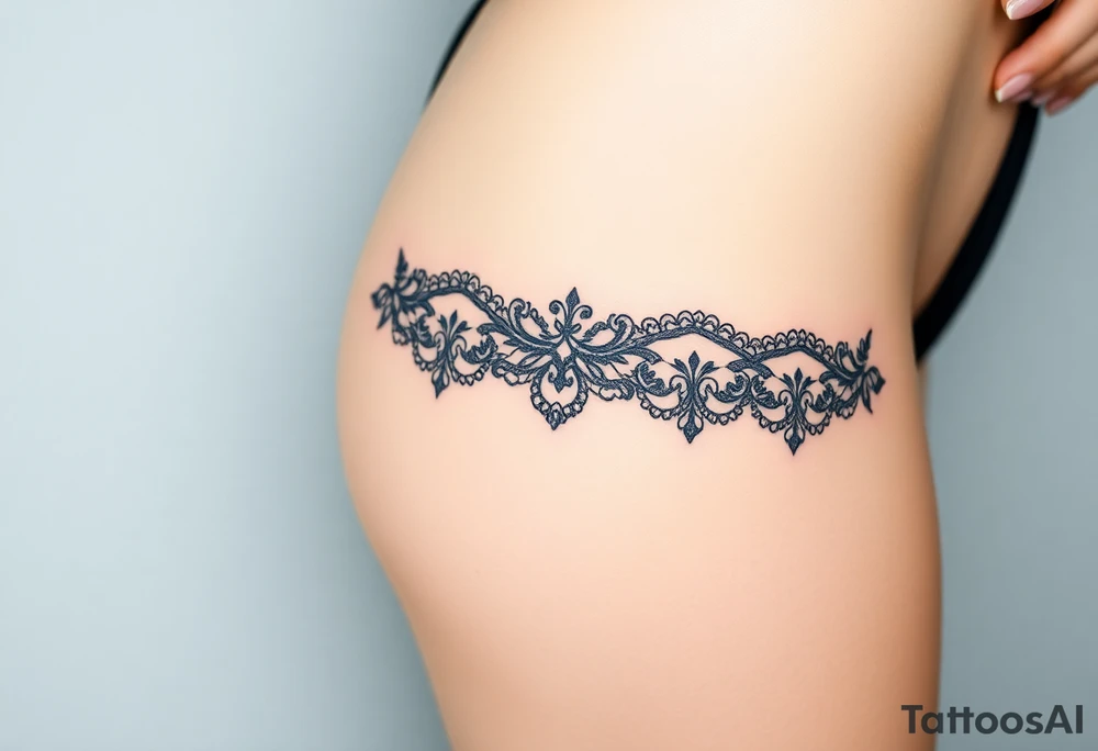 A negative space garter tattoo design, where the lace details are subtly left out, creating a beautifully elegant silhouette effect tattoo idea