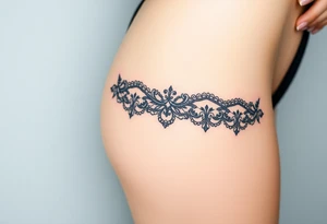 A negative space garter tattoo design, where the lace details are subtly left out, creating a beautifully elegant silhouette effect tattoo idea