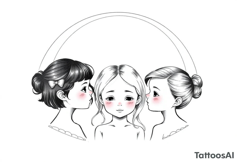 3 petites filles de dos ( une cheveux noir et deux blondes)
sous un arc en ciel incomplet tattoo idea