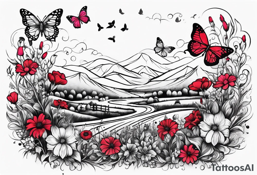 Wildflower field with "Ruby" in calligraphy font and butterflies around it tattoo idea