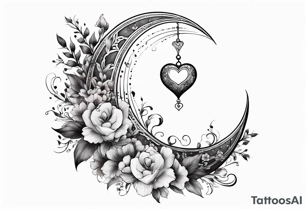 Crescent moon with a heart inside, shrouded by beautiful flowers with wisps of mist tattoo idea