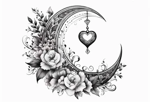 Crescent moon with a heart inside, shrouded by beautiful flowers with wisps of mist tattoo idea