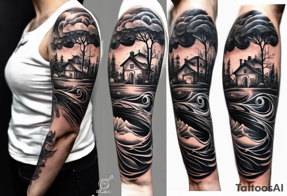 a line at the top of my arm (near the shoulder) with a music note on a staff at the top, a water wave below it, a pocket beneath it and the mushroom last - it's one line down the arm tattoo idea