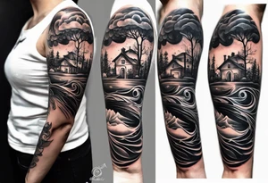 a line at the top of my arm (near the shoulder) with a music note on a staff at the top, a water wave below it, a pocket beneath it and the mushroom last - it's one line down the arm tattoo idea