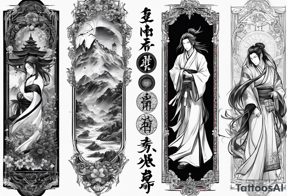 religious sleeve inscribed with the name Aizen and the name Azaias tattoo idea