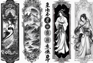 religious sleeve inscribed with the name Aizen and the name Azaias tattoo idea