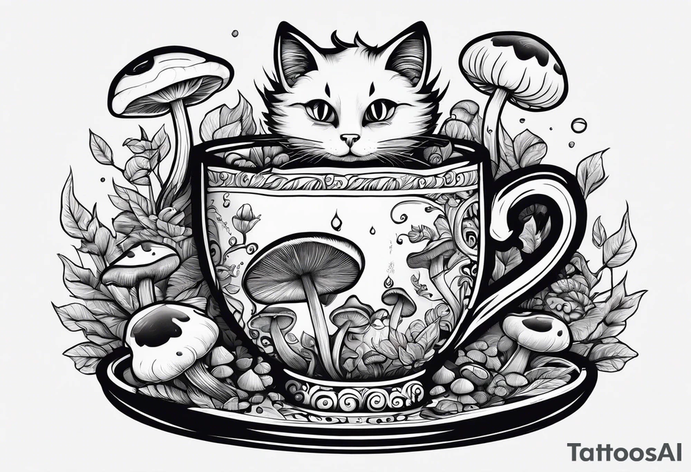 A mysterious cat taking a hot mushrooms cup of tea tattoo idea